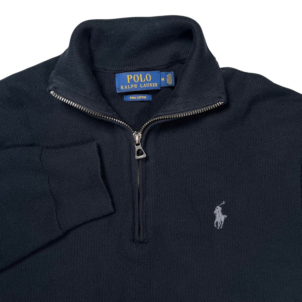 Polo Ralph Lauren 1/4 Zip Pullover Men Medium Black Pima Cotton Knit Preppy